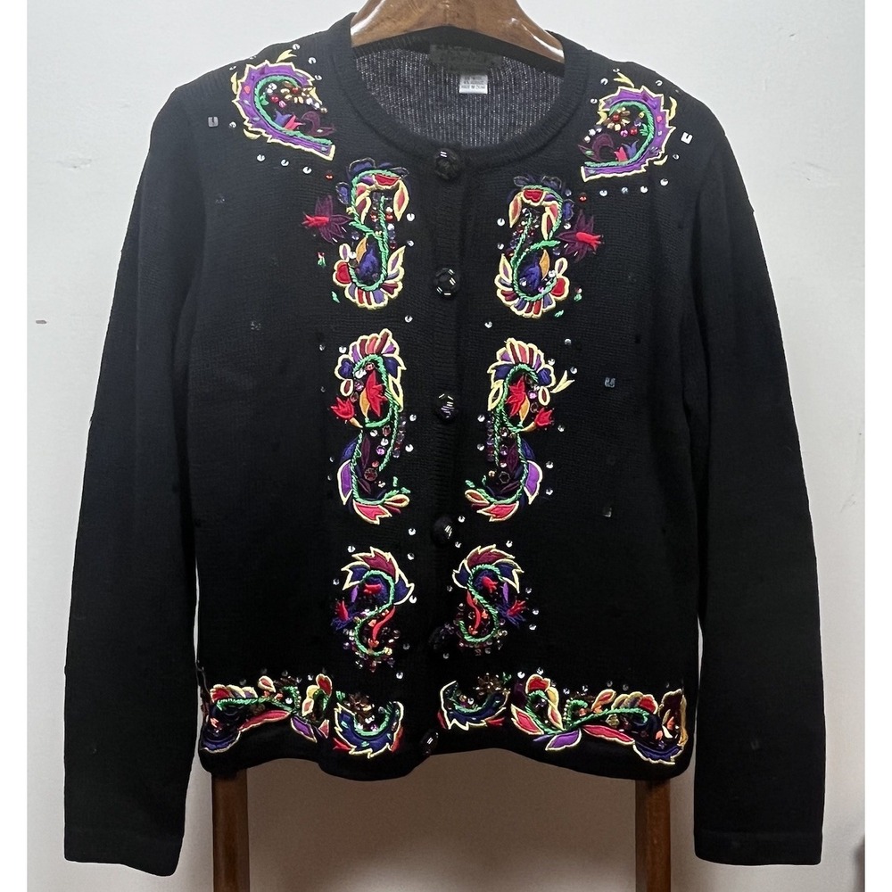 VTG Jack B Quick L Paisley Cardigan Embroidered Beaded grandma cottage vintage